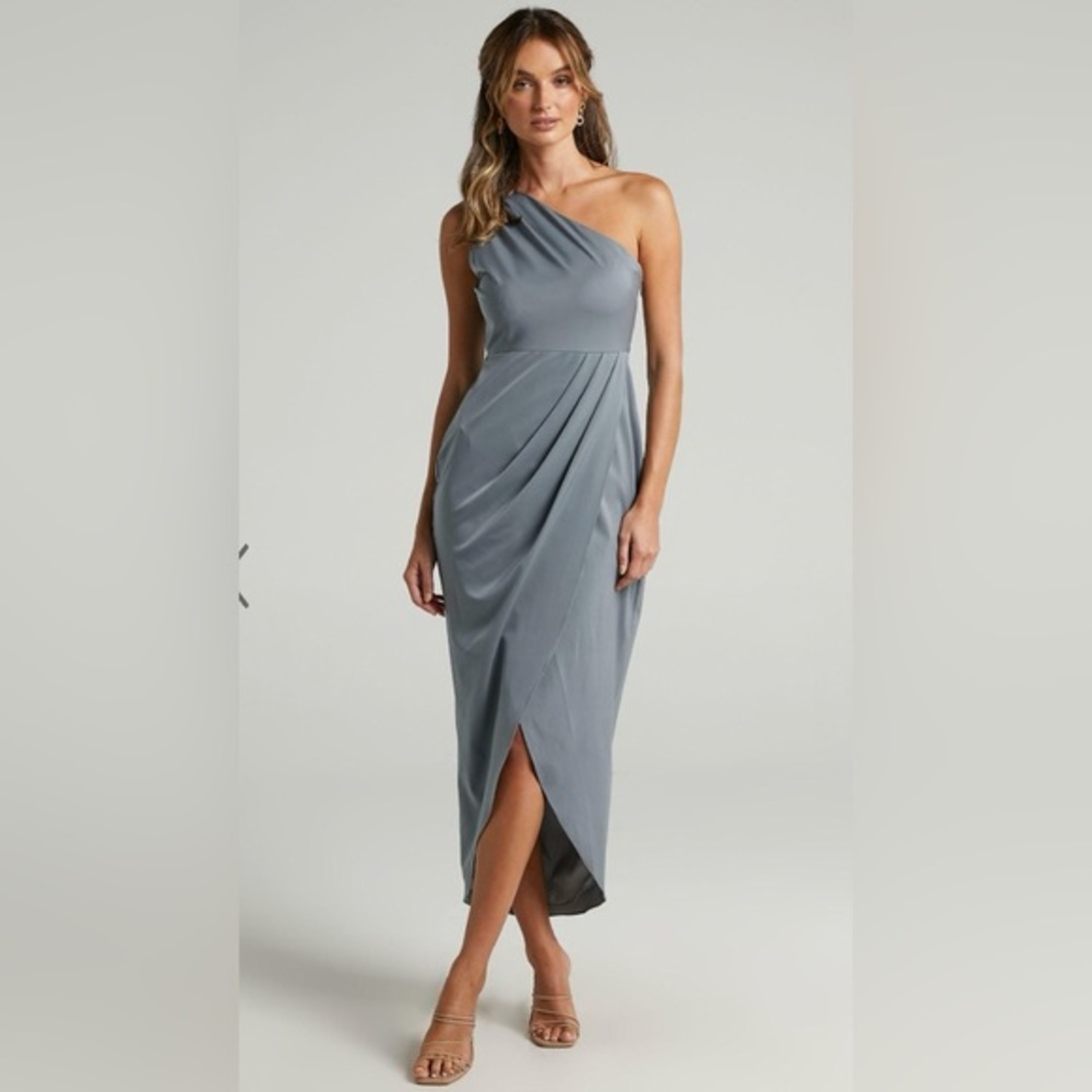 Showpo Felt So Happy One Shoulder Satin Maxi Dress in Dusty Blue